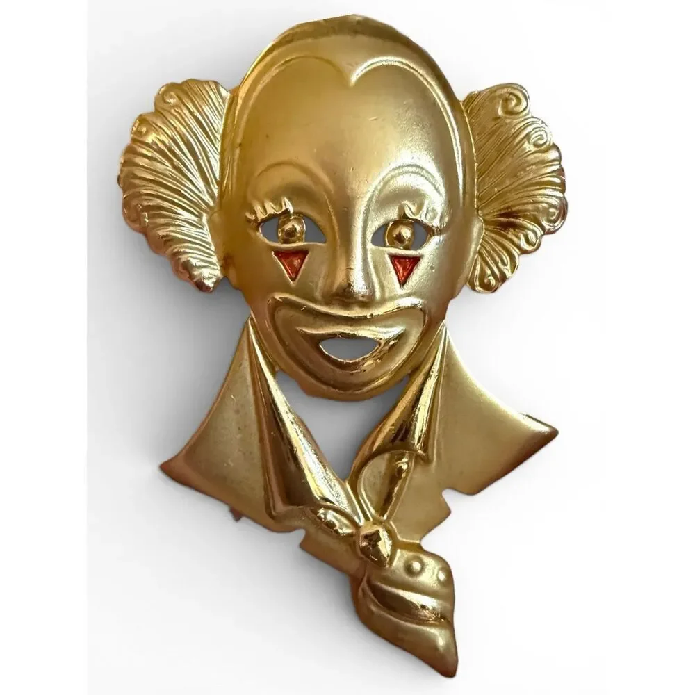Vintage Gold Clown Face Brooch Statement Women Jewelry Art Unique Pin